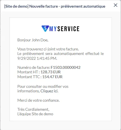 Aperçu d'un e-mail pour "Nouvelles factures - prélèvement automatique" :